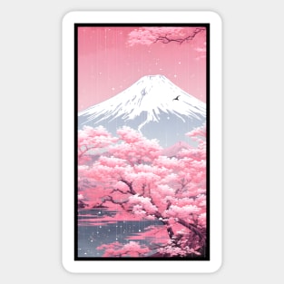 Cherry Pink Mount Fuji Japanese Black Border Aesthetic Sticker